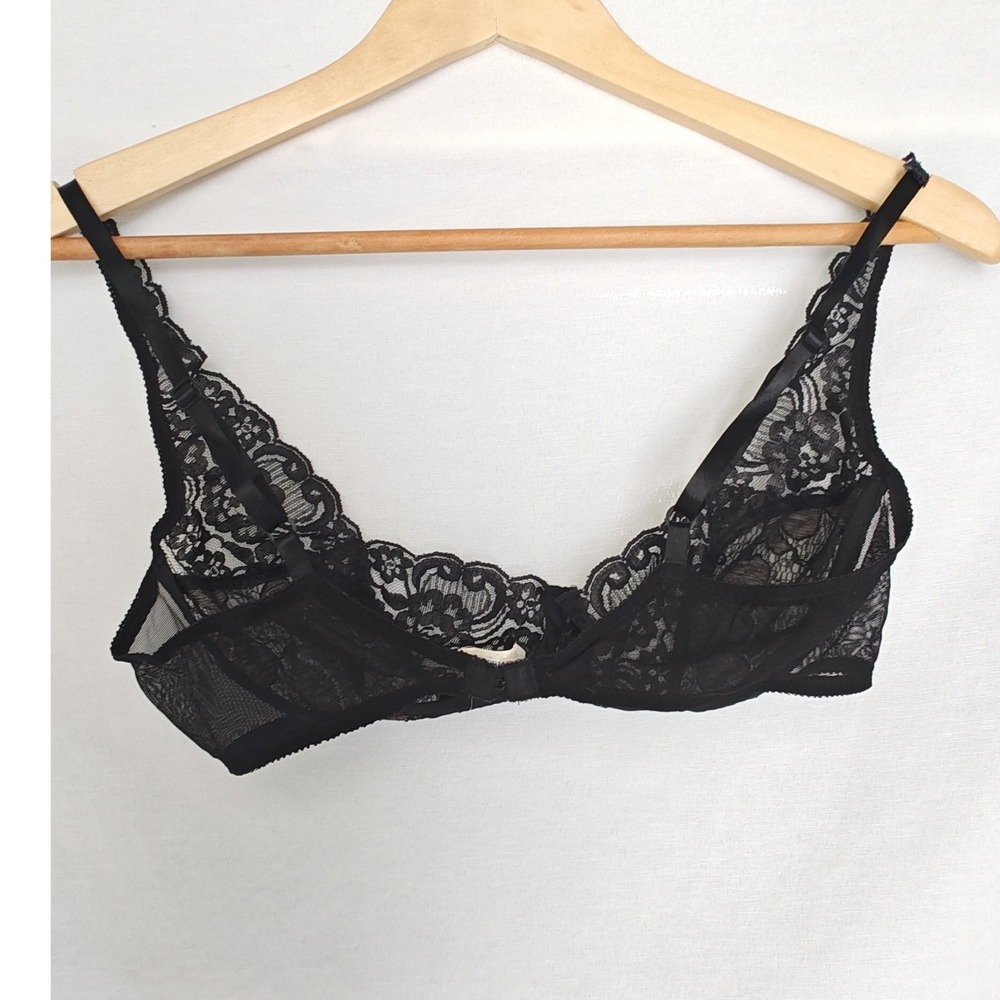 Victoria's Secret Lace Bra 38C Black Vintage 80s Gold Label Floral Mesh